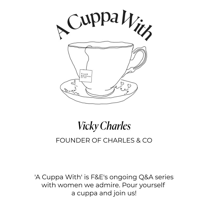 Teacup illustration with 'A Cuppa With' branding and text about Vicky Charles and the Q&A series.
