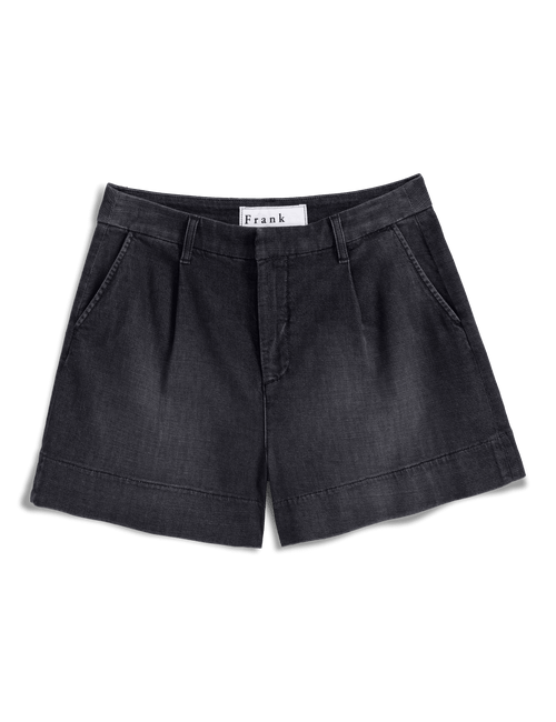 Black shorts with a brand label on a transparent background, view 4