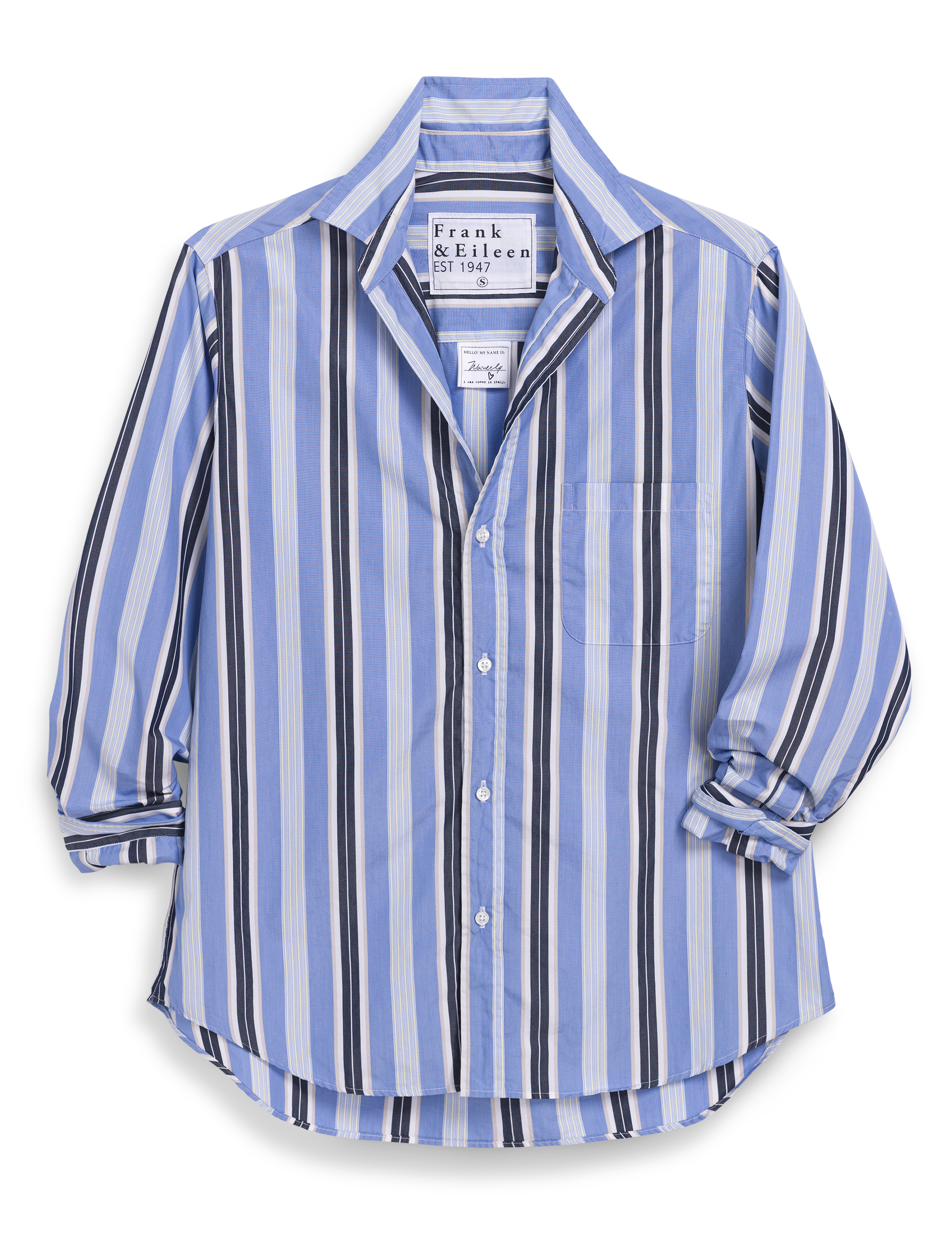 Blue and white striped shirt with a collar on a white background