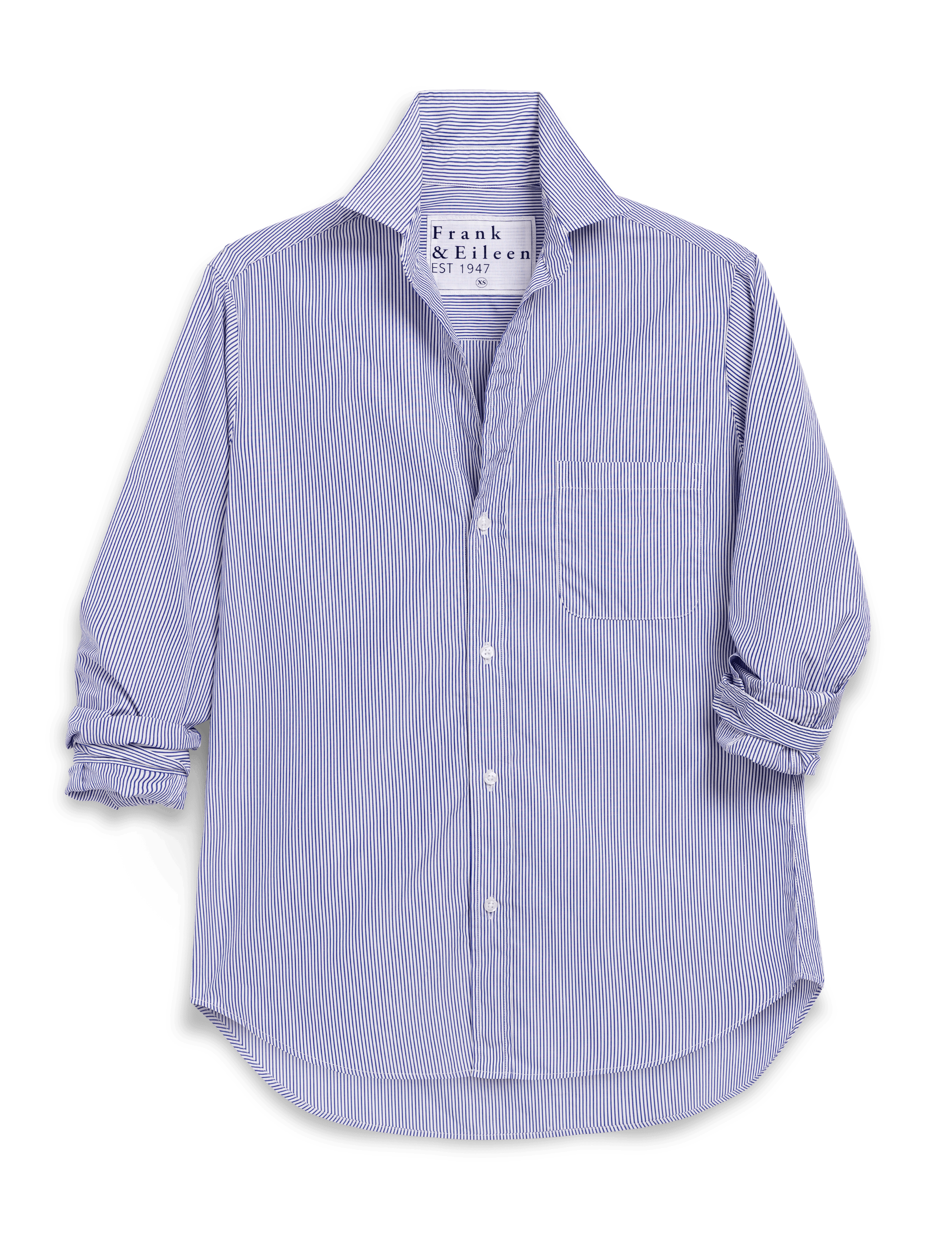 Blue striped shirt with rolled-up sleeves on a white background