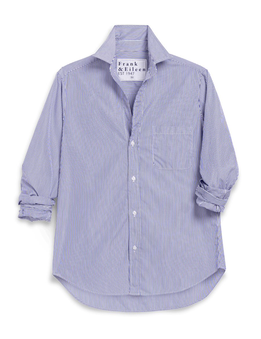 Blue striped shirt with rolled-up sleeves on a white background