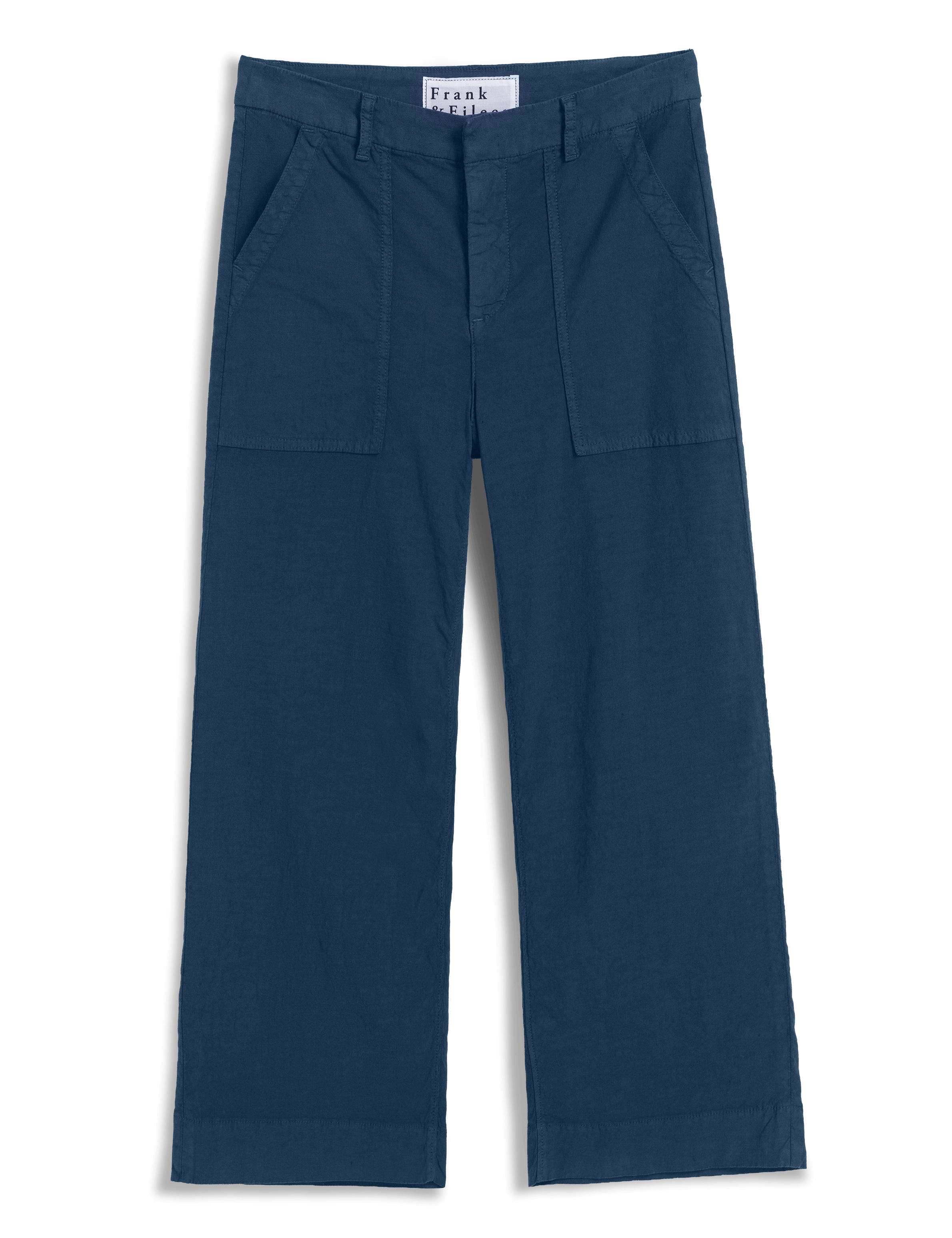 Navy blue pants on a white background with 'Frank & Eileen' label., view 4