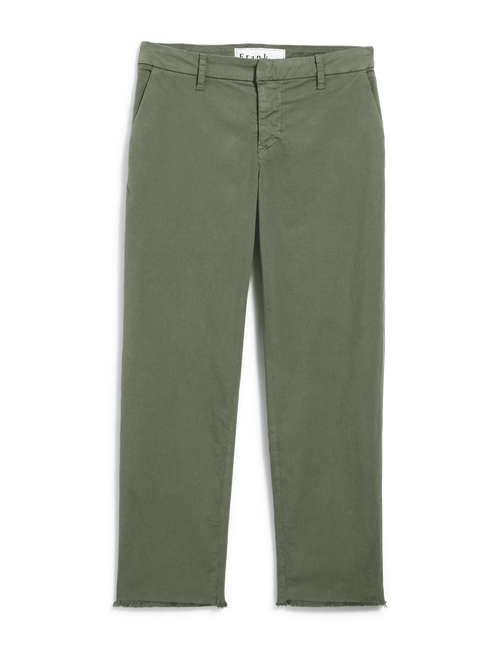 A pair of olive green straight-leg pants shown flat against a plain white background., front view
