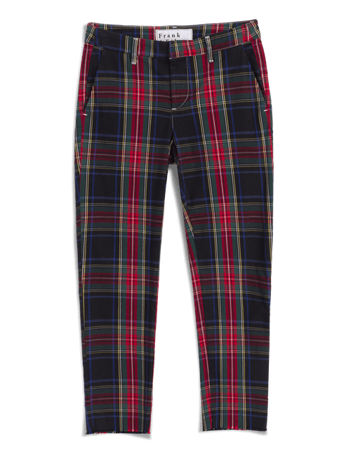 A pair of slim-fit plaid trousers by Frank & Eileen, featuring a black base with red, yellow, and green tartan lines, shown flat against a white background., view 6