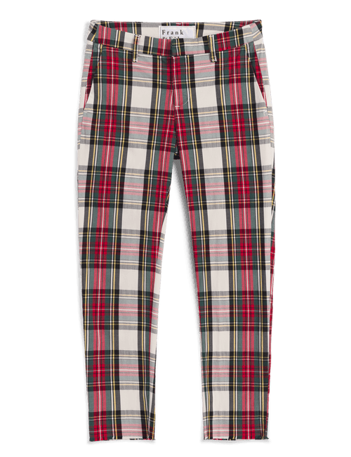 A pair of slim-fit plaid trousers in a red, black, and cream tartan pattern, shown flat against a solid white background., view 4