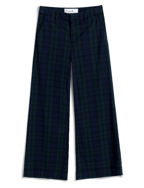 A pair of wide-leg trousers in a dark green and black plaid pattern, shown flat against a white background. The brand name 'Frank & Eileen' is visible on the inner waistband label., view 6