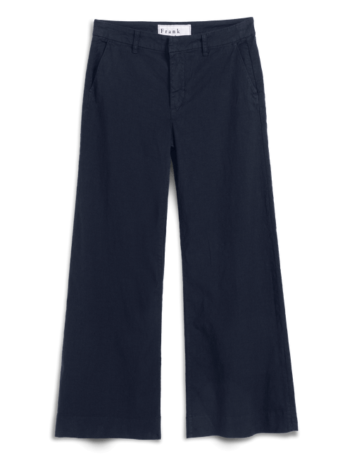 Navy blue wide-leg pants on a transparent background, front view
