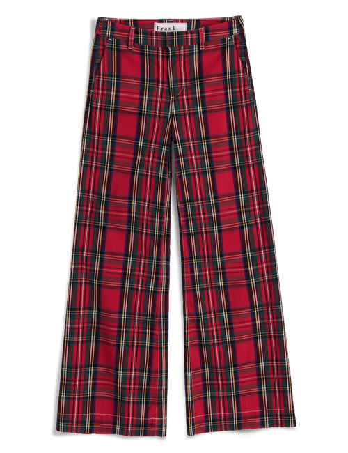 Red plaid wide-leg pants with black, green, and yellow stripes, shown flat against a white background., view 5