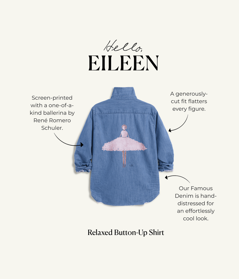 Blue denim button-up shirt with a ballerina design on the back, featuring text about the shirt's features.