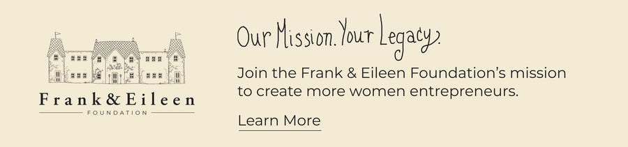 Advertisement for the Frank & Eileen Foundation with text and logo on a beige background