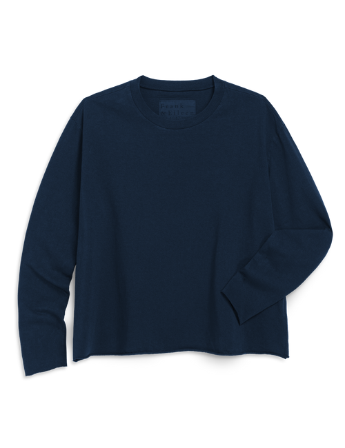 A dark navy blue long-sleeve crewneck shirt by Frank & Eileen, laid flat against a clean white background. , view 4