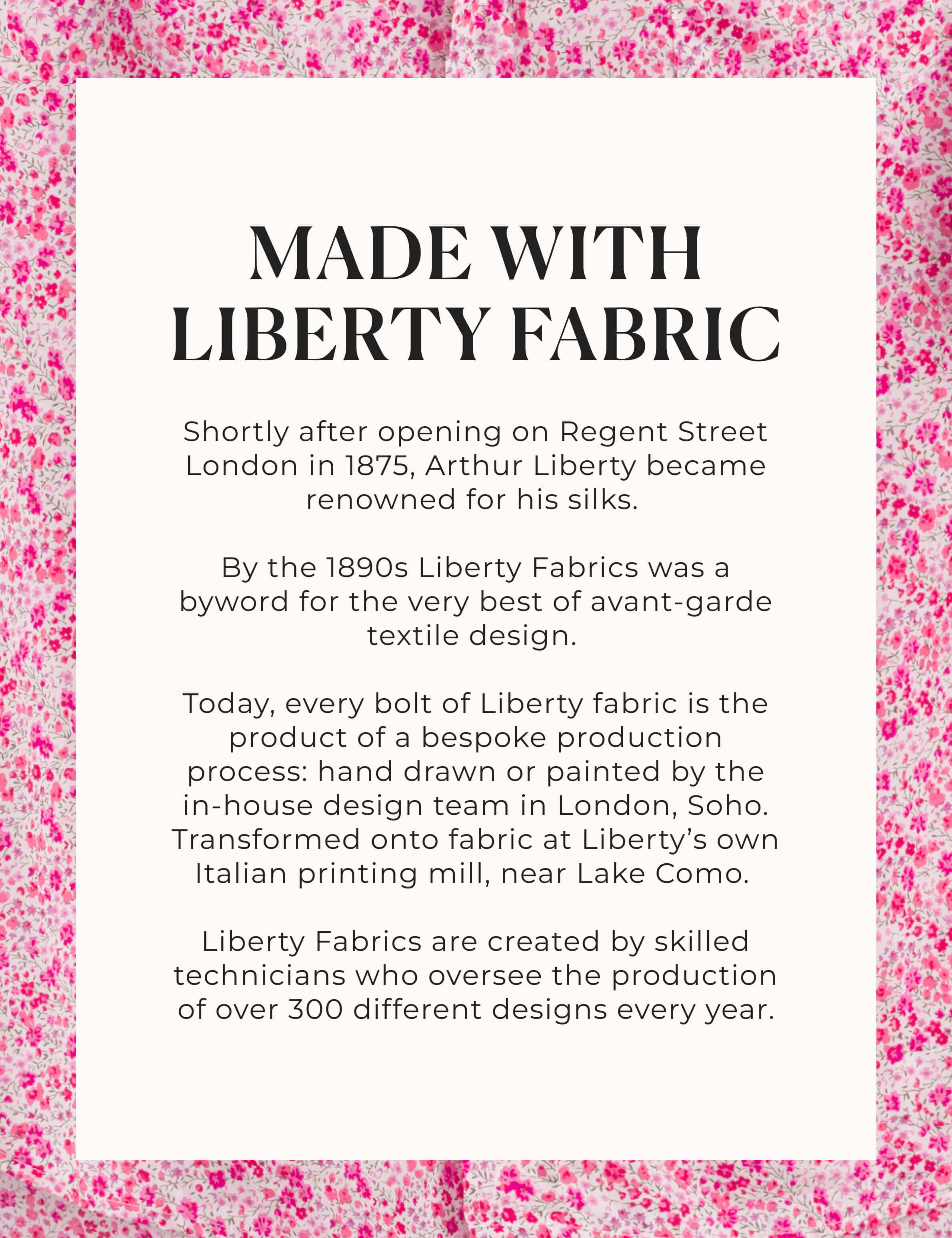 Text about Liberty Fabrics on a pink floral patterned background
