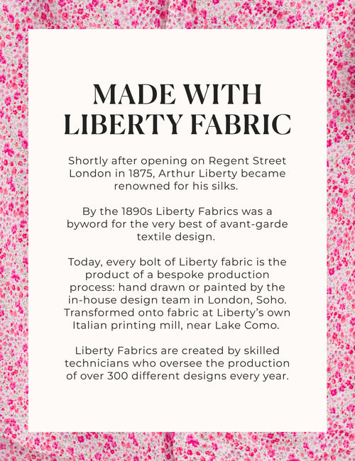 Text about Liberty Fabrics on a pink floral patterned background, view 6