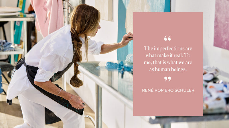 Person in a kitchen setting with a quote by Rene Romero Schuler on a pink background