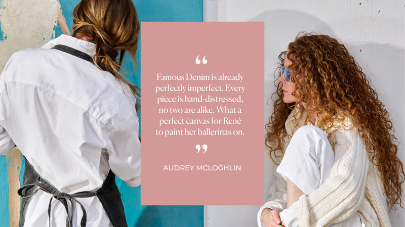 Two women standing against a colorful wall with a quote by Audrey McLochlin.
