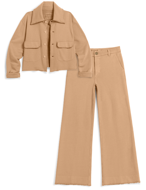 A two-piece outfit set in a warm camel tan color, featuring a cropped button-up jacket with flap chest pockets and matching wide-leg cropped pants, displayed on a clean white background., view 5