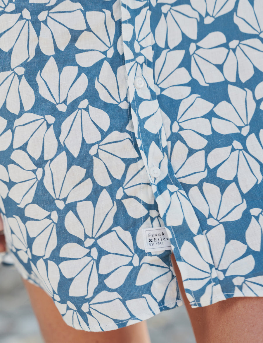 Detail shot of bottom hem of person wearing Blue Floral Frank & Eileen Mary Classic Shirtdress in Classic Linen