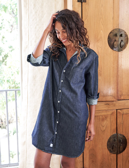 Front of person wearing Denim Blue Frank & Eileen Mary Classic Shirtdress in Famous Denim, front view