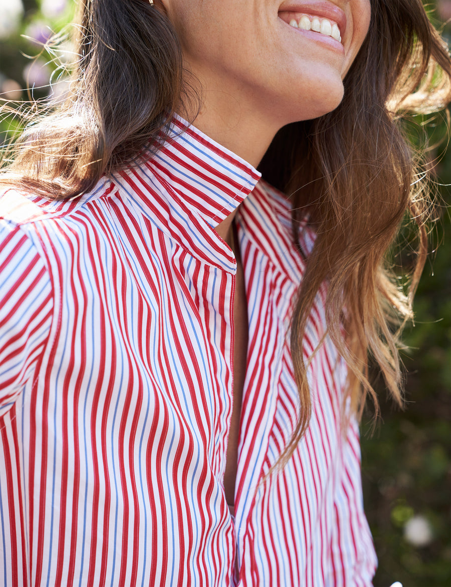Detail shot of collar on person wearing Red and Blue Stripe Frank & Eileen Frank Classic Button-Up Shirt in Superluxe