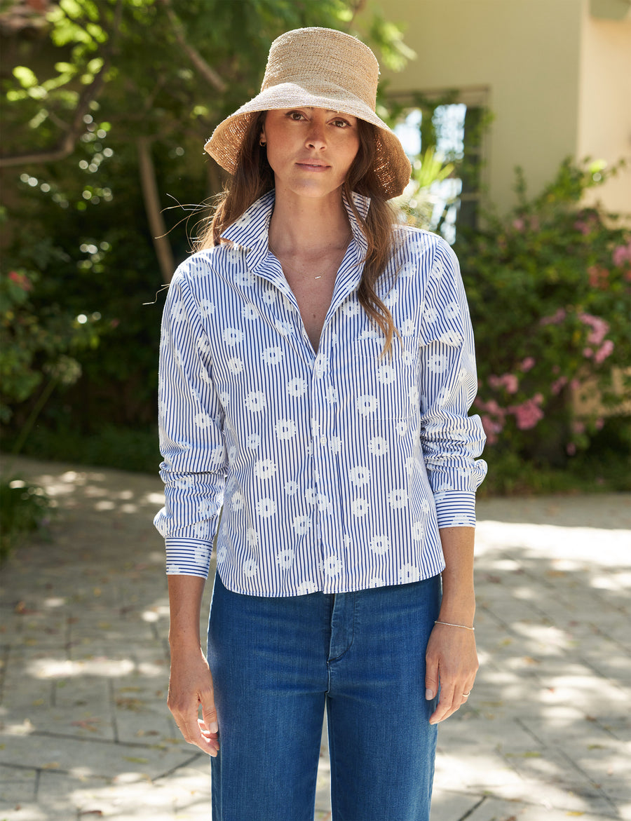 Front shot of person wearing Blue Floral Frank & Eileen Silivio Untuckable Button-Up Shirt in Superluxe