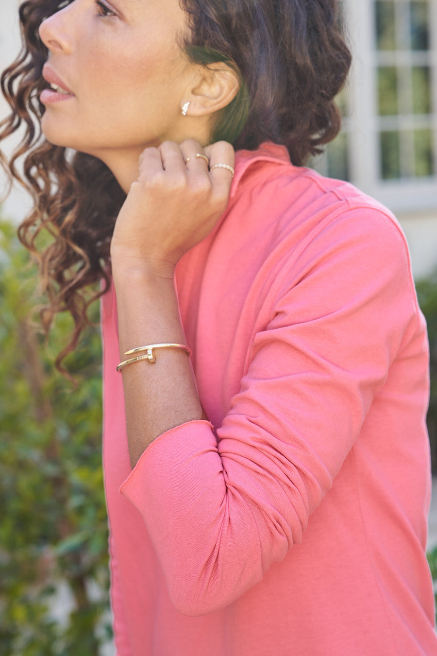 Detail shot of person wearing Pink Frank & Eileen Nicole Popover Henley Dress in Heritage Jersey