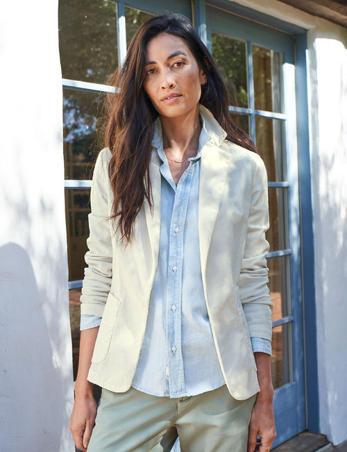 Front of person wearing White Wash Frank & Eileen Dublin Tailored Blazer in Italian Performance Denim, front view