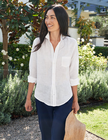 Front of person wearing White Frank & Eileen Barry Tailored Button-Up Shirt in Classic Linen