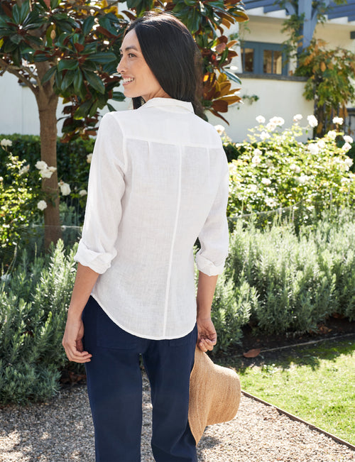 Back of person wearing White Frank & Eileen Barry Tailored Button-Up Shirt in Classic Linen, alternate view