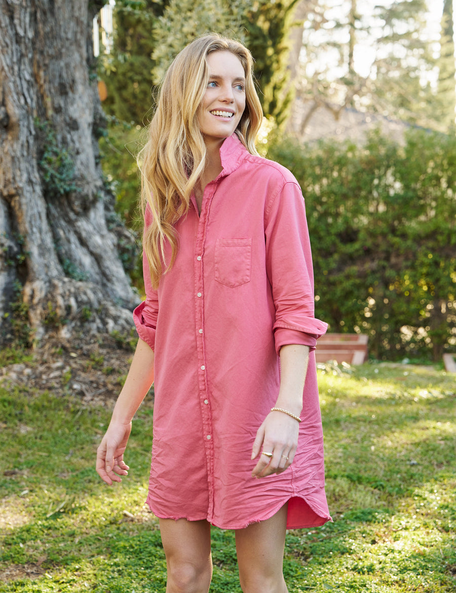 Front of person wearing Flamingo Pink Frank & Eileen Mary Classic Shirtdress in Famous Denim