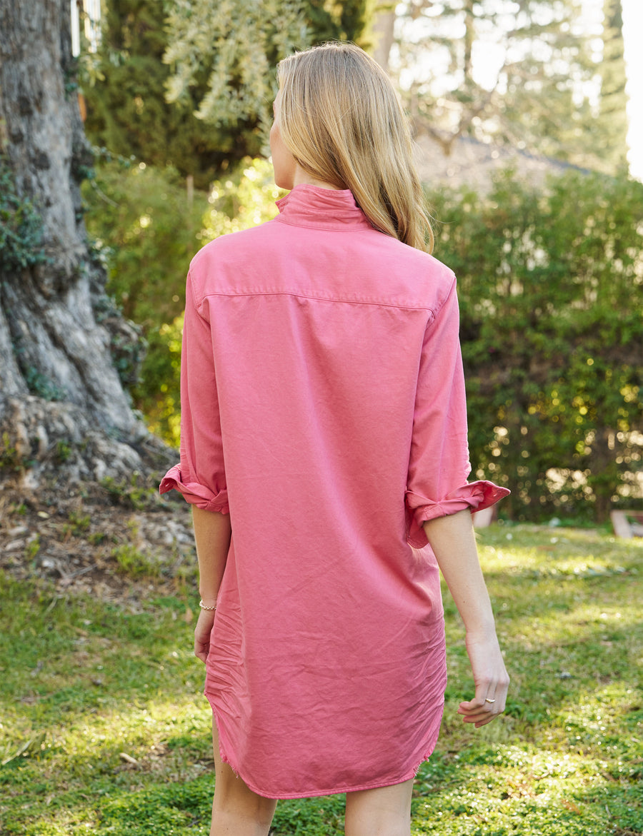 Back of person wearing Flamingo Pink Frank & Eileen Mary Classic Shirtdress in Famous Denim