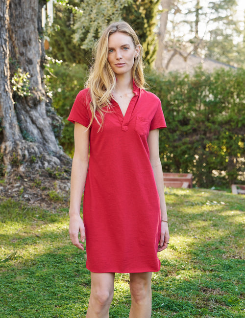 Front shot of person wearing Red Frank & Eileen Lauren Polo Dress in Heritage Jersey, front view