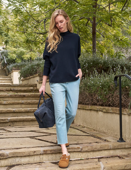 Person outside wearing 1975 Blue Wash Frank & Eileen Wicklow Italian Chino in Italian Performance Denim, view 4