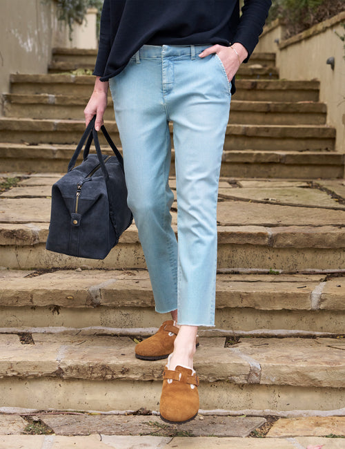 Front of person wearing 1975 Blue Wash Frank & Eileen Wicklow Italian Chino in Italian Performance Denim, front view