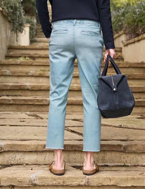 Back of person wearing 1975 Blue Wash Frank & Eileen Wicklow Italian Chino in Italian Performance Denim, alternate view