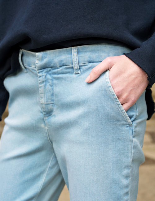 Waist of person wearing 1975 Blue Wash Frank & Eileen Wicklow Italian Chino in Italian Performance Denim, view 3