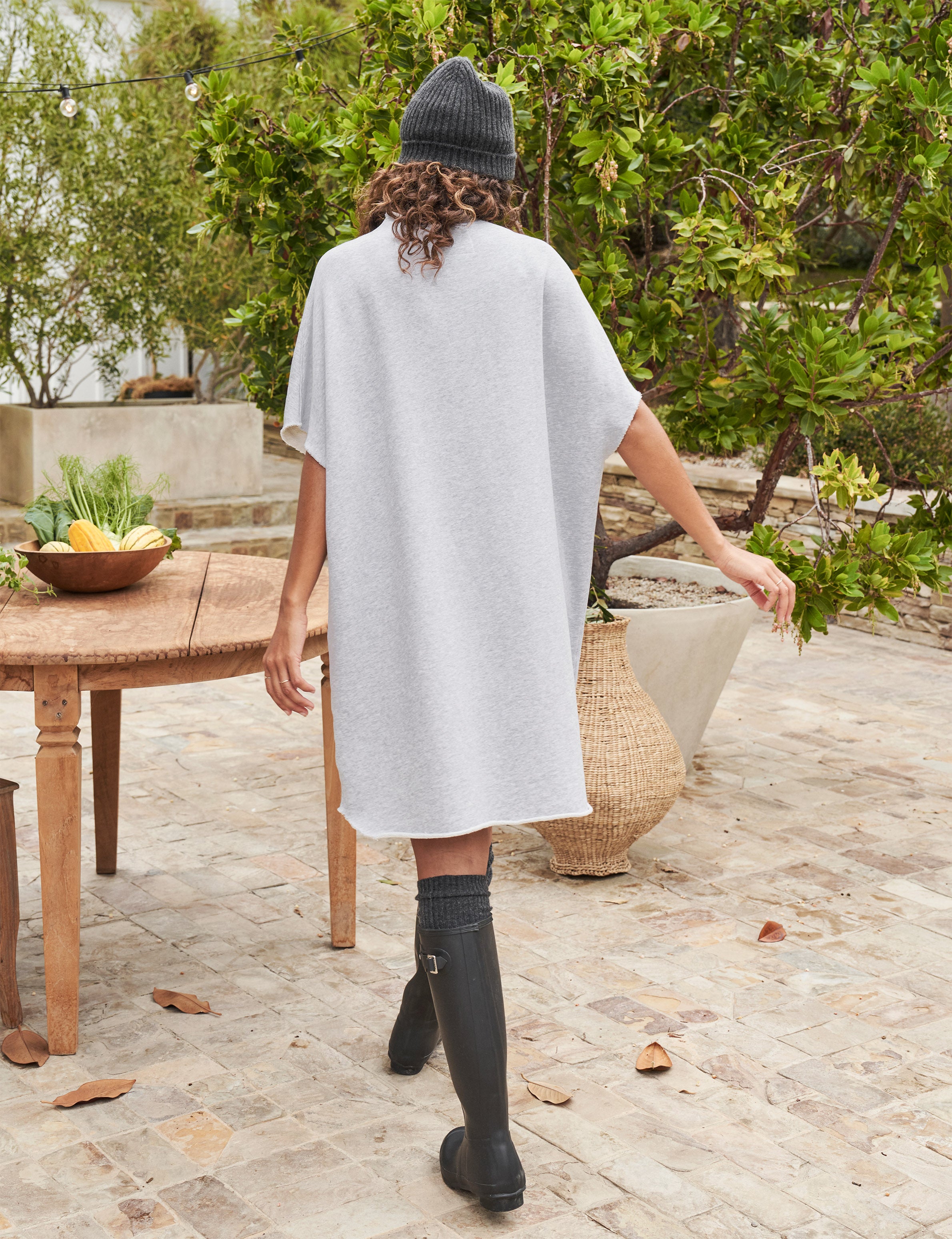 Back of person wearing Gray Frank & Eileen Ella Easiest Dress in Triple Fleece, alternate view