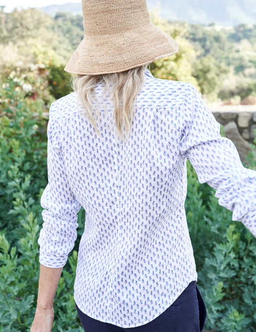 Back of person wearing Blue Pineapple print Frank & Eileen Barry Tailored Button-Up Shirt in Classic Linen, alternate view