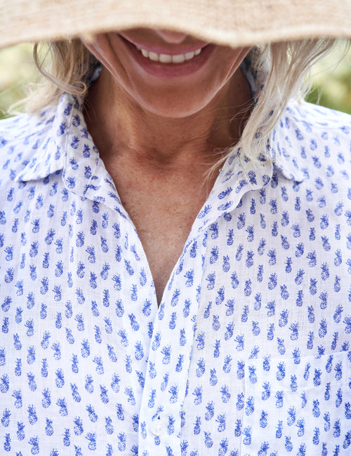 Chin and collar of person wearing Blue Pineapple print Frank & Eileen Barry Tailored Button-Up Shirt in Classic Linen, view 3