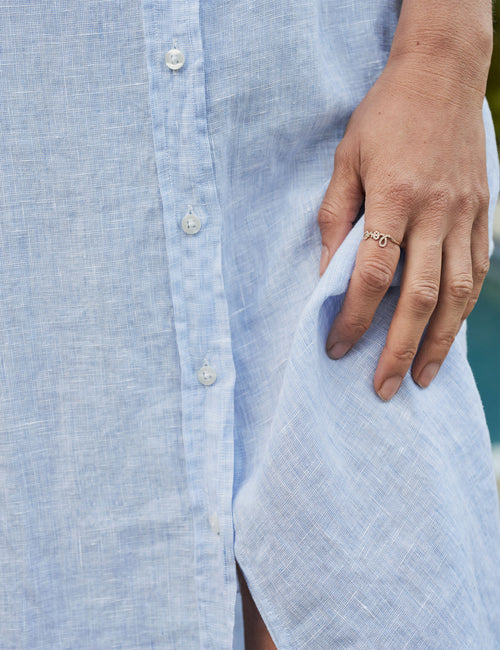 Waist and hand of person wearing Light Blue Frank & Eileen Rory Maxi Shirtdress in Lived-in Linen, view 3