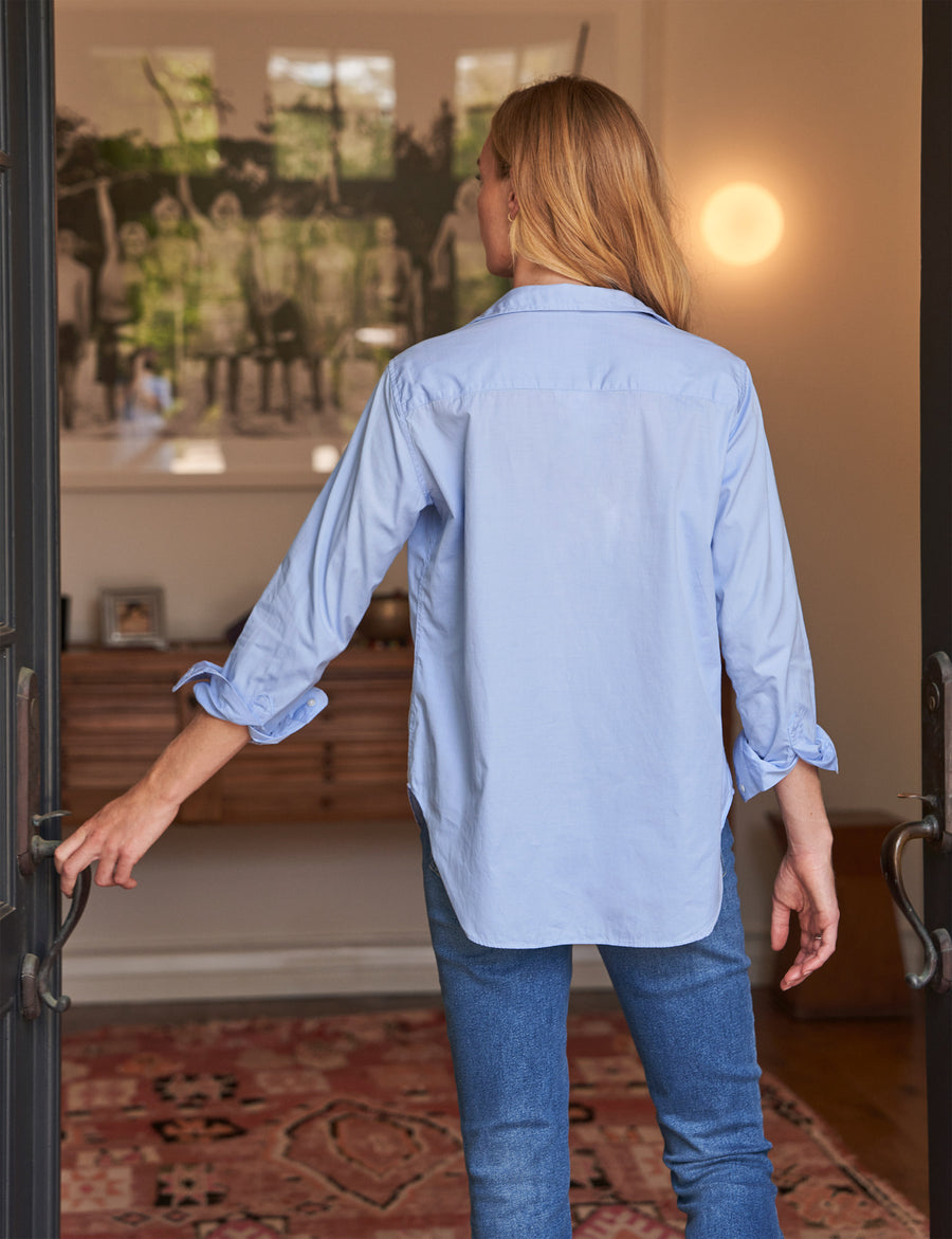 Back of person wearing Shirting Blue Frank & Eileen Frank Classic Button-Up Shirt in Superluxe