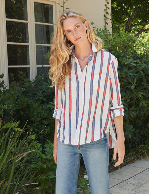 Front shot of person wearing Red Stripe Frank & Eileen Eileen Relaxed Button-Up Shirt in Classic Linen, front view