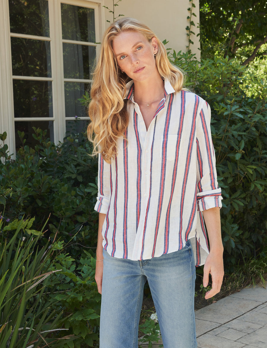Front shot of person wearing Red Stripe Frank & Eileen Eileen Relaxed Button-Up Shirt in Classic Linen