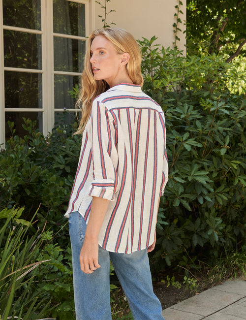 Back shot of person wearing Red Stripe Frank & Eileen Eileen Relaxed Button-Up Shirt in Classic Linen, alternate view