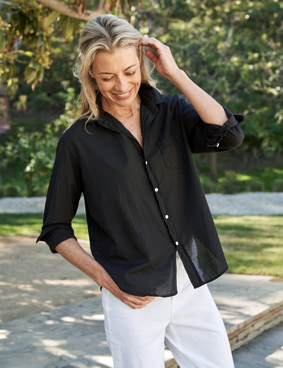 Front of person wearing Black Frank & Eileen Eileen Relaxed Button-Up Shirt in Organic Voile