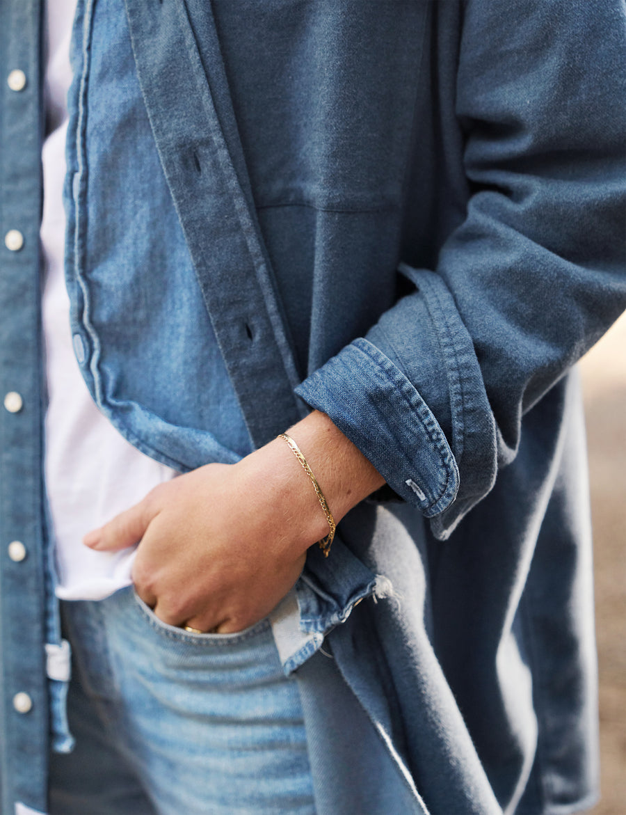 Waist and arm of person wearing Jean Blue Frank & Eileen McLoghlin Utility Shirt in Polar Flannel