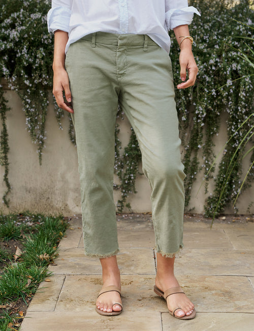 Front legs of person wearing Sage Green Frank & Eileen Wicklow Italian Chino in Italian Performance Linen, front view