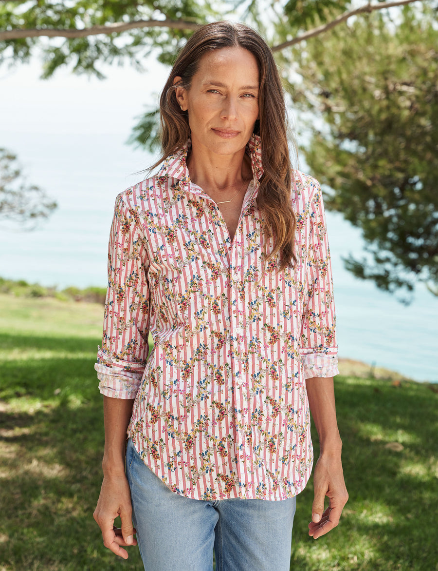 Front shot of person wearing Pink Floral Frank & Eileen Frank Classic Button-Up Shirt in Superluxe