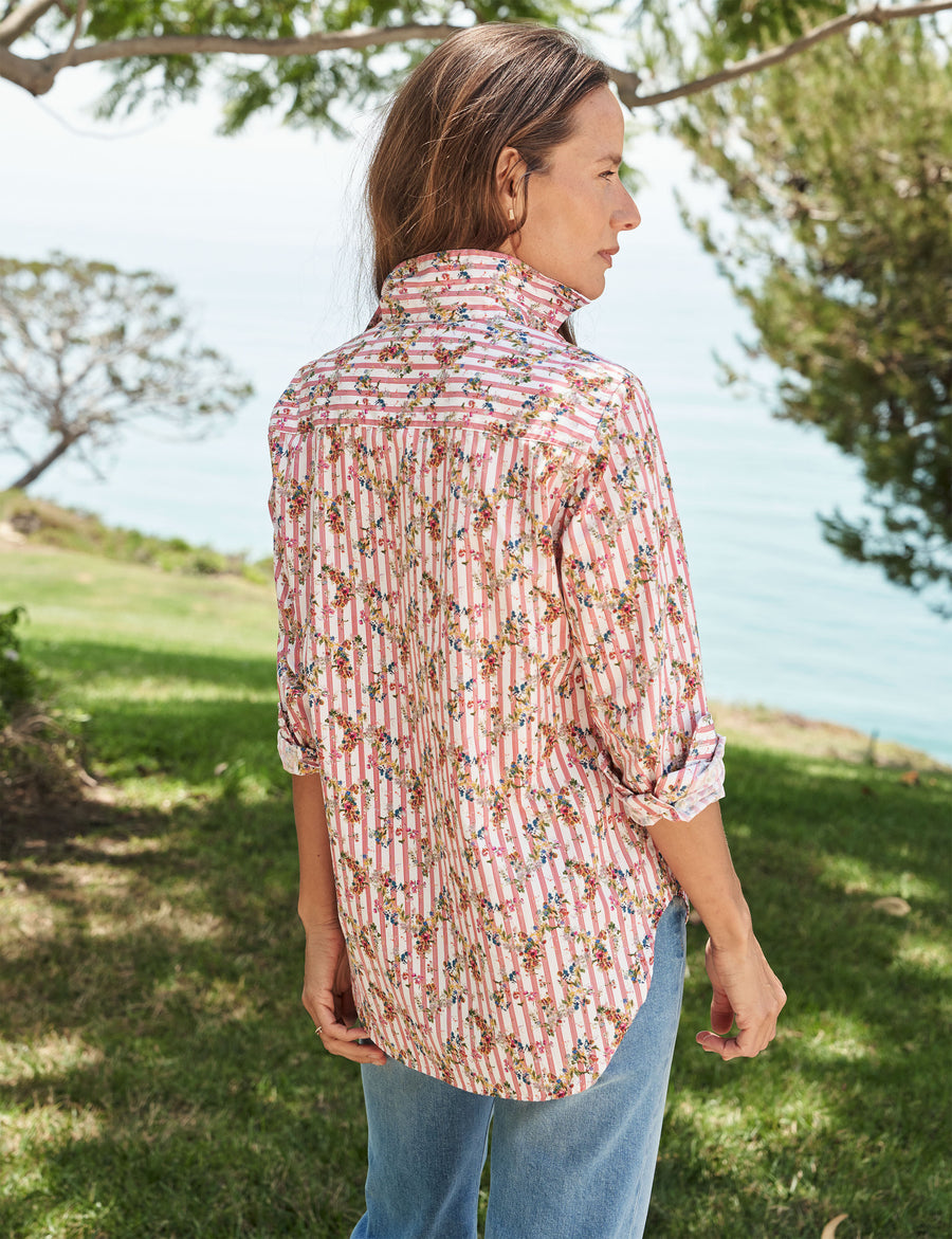 Back shot of person wearing Pink Floral Frank & Eileen Frank Classic Button-Up Shirt in Superluxe