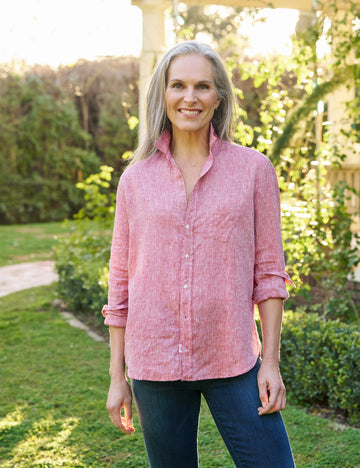 Front shot of person wearing Red Frank & Eileen Eileen Relaxed Button-Up Shirt in Featherweight