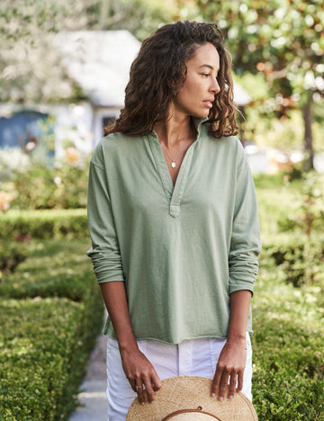 Front of person wearing Green Frank & Eileen Patrick Popover Henley in Heritage Jersey